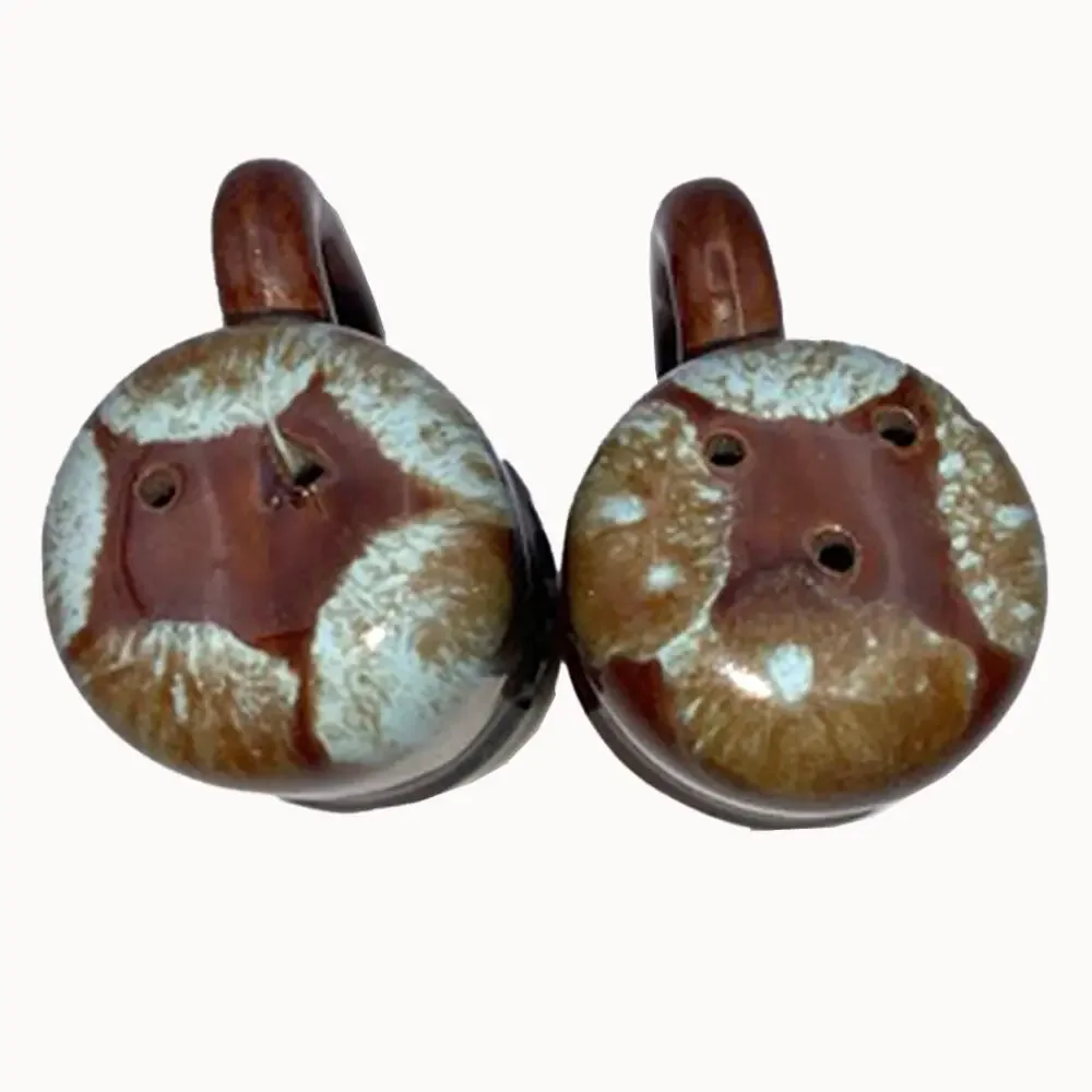 Vintage Drip Glaze Salt & Pepper Shaker Set Brown/Green with Handle